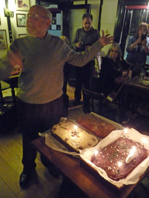 Ken Latham, on his 80th Birthday, among his musician friends at the Anchor Inn,Wingham,Kent,UK.
Shanty singer Ken Latham sings 